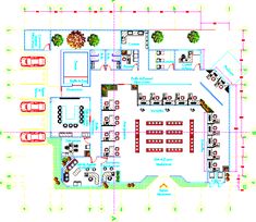 the floor plan for a restaurant with tables and chairs, seating areas, and parking spots