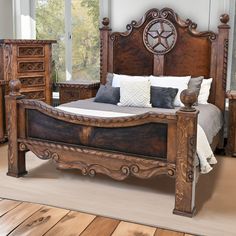 a wooden bed sitting on top of a hard wood floor next to a large window