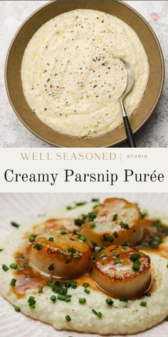 the creamy parsnip pure is served in a bowl with shrimp and scallops on top