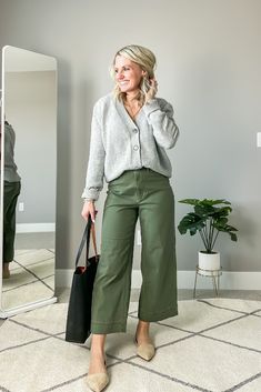 Olive Green Pants Outfit Work, Olive Pants Outfit, Olive Green Pants Outfit, Light Green Sweater, Pants Outfit Work, Green Pants Outfit, Neon Prom Dresses, Stylish Outfits For Women Over 50, Olive Pants