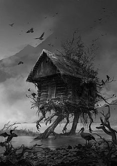 an old house with birds flying around it