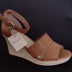 Nwt Liz Claiborne Majorca Cognac Vegan Leather Womens Wedge Sandals Sz 9 Medium. Brown Medium Width Wedge Sandals For Vacation, White Slides Sandals, Womens Strappy Sandals, White Strappy Sandals, Gladiator Sandals Heels, Neutral Heels, Adjustable Sandals, Gladiator Heels, Leather Thong Sandals