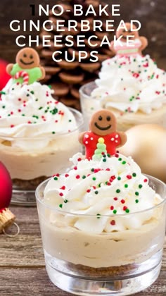 Indulge in the holiday spirit with these No-Bake Gingerbread Cheesecake Cups! Creamy, spiced cheesecake filling meets a crunchy ginger snap crust in adorable single-serving cups, perfect for Christmas gatherings. Easy to make ahead, festive, and topped with whipped cream and sprinkles—or a mini gingerbread man for extra holiday cheer!#christmasdesserts#nobakedesserts#cupdesserts Christmas Appetizers In A Cup, Christmas Jello Cups For Kids, Mini Xmas Desserts, Christmas Cup Desserts, Christmas Appetizers Desserts, Make Ahead Holiday Desserts, Single Serve Christmas Desserts, Gingerbread Cheesecake Cups, Mini Christmas Trifle Desserts