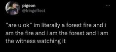 the text on the screen reads, are u ok'm literally a forest fire and i am the fire and i am the forest and i am the witnesses watching it