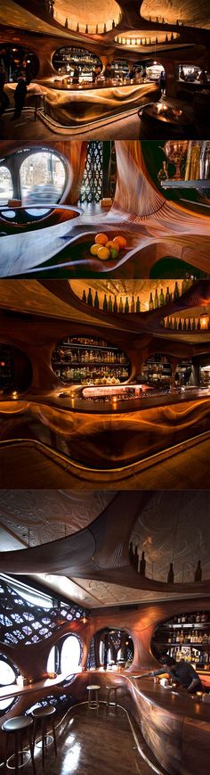 the inside and outside of a restaurant with multiple tables, chairs, and lights on it