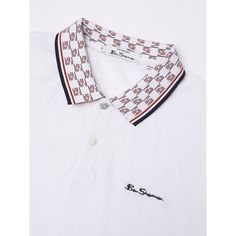 Cotton pique polo with checkerboard jacquard design at collar and contrast tipping detail to cuff. Branded with Ben Sherman signature embroidery. Knitted Polo, Jacquard Design, Polo Shirt White, Golf T Shirts, White Polo, Mod Fashion, How To Wear Scarves, Men's Apparel