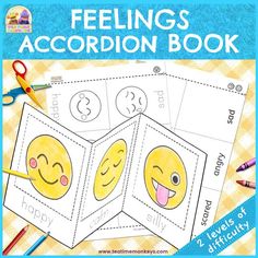 the feelings accordion book is filled with two emoticive faces and pencils to color