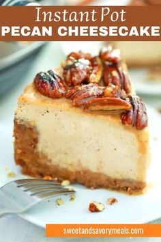 a plate with a slice of instant pot pecan cheesecake Cheesecake Base, Pecan Cheesecake, Vegetarian Instant Pot, Candied Sweet Potatoes, Savory Meals, Rich Desserts, Easy To Make Desserts, Ginger Snap Cookies, Gingerbread Cake