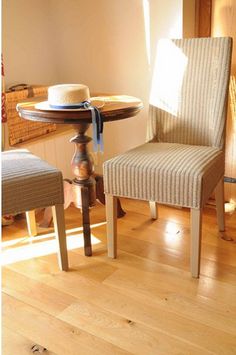 a chair sitting next to a table with a hat on it's backrest