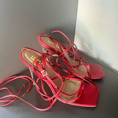 Red. Faux Leather. Straps Can Tie Up The Leg Or Around The Ankle. ~4 In Clear (Perspex) Heel. Feel Free To Ask Questions. Like What You See? Make An Offer! Trendy Red Strappy Sandals, Red Strappy Synthetic Heels, Ego Shoes, Black Strap Heels, Yellow Heels, Studded Heels, Metallic Heels, Square Toe Heels, Wrap Heels