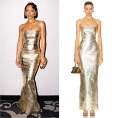 two women in metallic dresses one is holding a purse and the other has a handbag