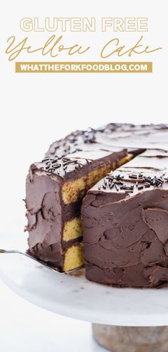 a chocolate cake on a white plate with a slice cut out and the words gluten free glyco cake above it