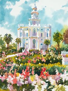 a painting of a white building surrounded by flowers