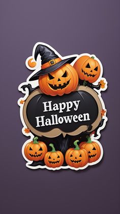 halloween stickers with pumpkins and witch hats on them, in front of a purple background