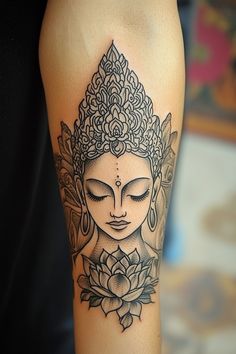 Tattoo of a serene Buddha head with an ornate headdress and a lotus flower on a person's arm. Spiritual Tattoos For Women, Spiritual Tattoo Designs, Tattoo Designs Meaningful, Spiritual Tattoos Meaningful, Powerful Statements, Spiritual Tattoo, Tattoos Meaningful, Meaningful Symbols