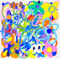 an abstract painting with various colors and shapes