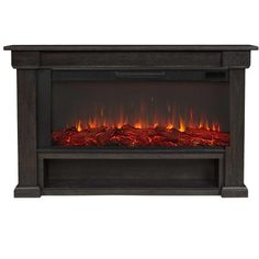 an electric fireplace with red flames in the center and dark wood frame, on a white background