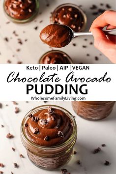 chocolate avocado pudding in small glass jars with spoons on top and text overlay reading keto pale aip vegan chocolate avocado pudding