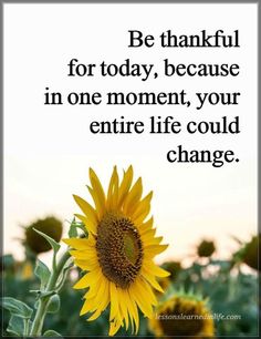 a sunflower with the words be grateful for today, because in one moment your entire life could change