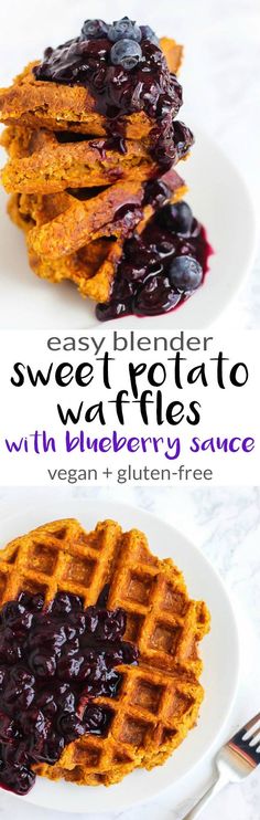 stack of waffles with blueberry sauce on top and text overlay reading easy blender sweet potato waffles with blueberries