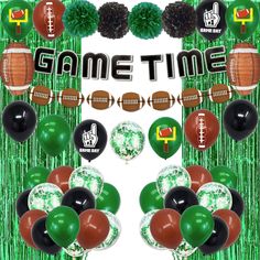 a football themed party with balloons, pom poms and streamers