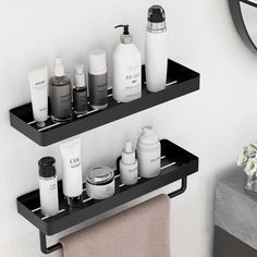 two black shelfs holding personal care products