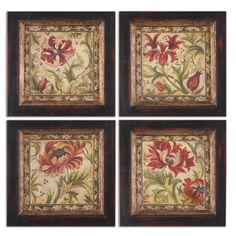 four framed paintings with flowers on them