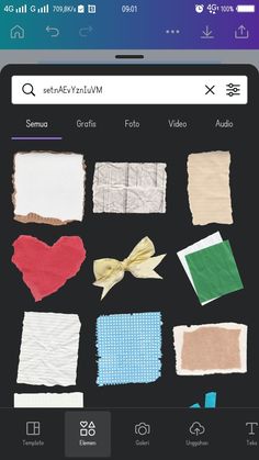 an iphone screen showing different pieces of cloth and paper on the left side of the phone