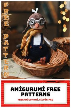 an amigurum doll sitting in a basket with text overlay that says free pattern