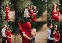 a pregnant woman in a red dress poses with her husband and their son while the child is holding his mother's belly