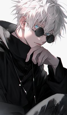 an anime character with white hair and sunglasses