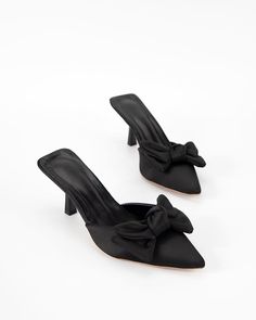 Details Women Size: US 5-11 Heel Height:6cm / 2.36" Color: Purple, Black Toe: Pointed Toe Material Lining Material: PU Outsole Material: PU Black Closed Toe Kitten Heels For Summer, Summer Black Kitten Heels With Closed Toe, Black Open Heel Kitten Heels For Summer, Black Summer Kitten Heels, Summer Bow Mules With Pointed Toe, Black Open Heel Kitten Heels For Party, Black Kitten Heels With Heel Strap For Summer, Chic Black Kitten Heels With Block Heel, Summer Evening Mules With Bow