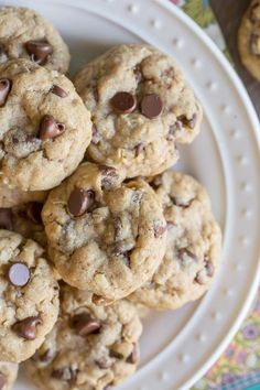 chocolate chip cookies on a white plate