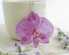 a purple flower sitting on top of a white cup