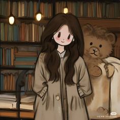 a girl standing in front of a bookshelf next to a teddy bear