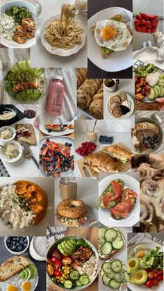 a collage of pictures with different foods and drinks on them, including breads, salads, eggs, meats, fruit, and vegetables