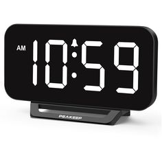 the alarm clock is black with white numbers