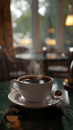 a cup of coffee is sitting on a saucer with steam rising out of it