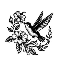 a black and white drawing of a hummingbird flying over flowers