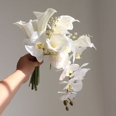 a hand holding a bouquet of white flowers