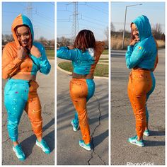 2pc Crop Top Jogger Set Teal Blue N Orange Color Casual Blue Pants Matching Set, Fitted Blue Bottoms Matching Set, Fitted Blue Bottoms In Matching Set, Fitted Blue Matching Set Bottoms, Athletic Pants Womens, Blue Lounge, Nike Sweats, Girlfriend Goals, Sweatsuit Set