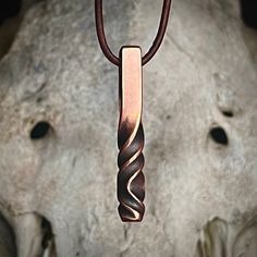 a close up of a pendant on a leather cord with an animal's head in the background