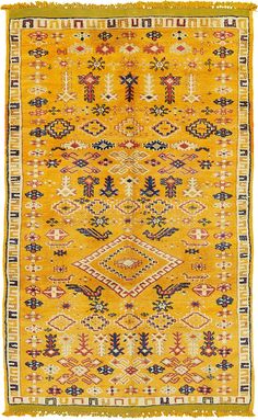 an old rug with yellow and blue colors