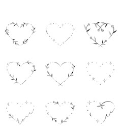 six hearts drawn in different ways with arrows and stars on the top one is black and white