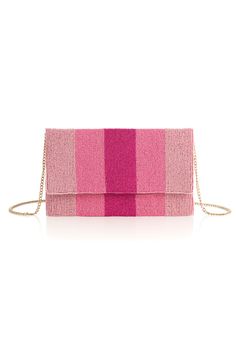 Everyday outfits just got more elegant with Shiraleah's Taylor Clutch. Made from intricately embroidered glass beads and featuring a detachable cross-body chain, this purse is as trendy as it is versatile. Its pink stripe design gives your favorite outfit a perfect pop of color. Pair with other items from Shiraleah to complete your look! Features a detachable cross-body chain, a magnetic snap closure, and 1 inner slip pocket Shiraleah is a trend-driven lifestyle brand focused on the little gifts Pink Beaded Clutch For Party, Pink Beaded Party Clutch, Beaded Pink Evening Bag For Events, Pink Beaded Evening Bag For Events, Pink Beaded Evening Bag For Formal Occasions, Formal Pink Beaded Evening Bag, Pink Beaded Clutch Evening Bag, Pink Beaded Evening Clutch, Evening Pink Beaded Clutch