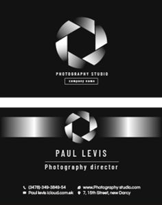 two business cards with the name paul leviis photography director and photographer in silver on black