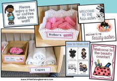 a collage of pictures showing different items in boxes and on the table is a sign that says welcome to babies