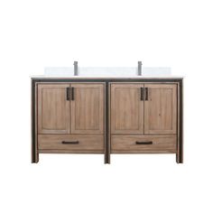 the double sink vanity is made from wood and has two white marble sinks on each side