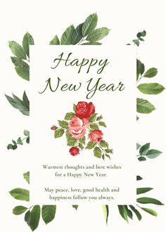 a happy new year card with roses and leaves