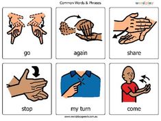 four different types of hands with the words common words and phrases written below each one